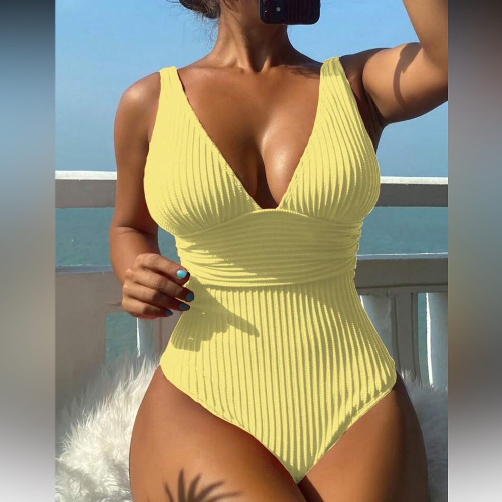 Yellow Ribbed One-Piece Swimsuit